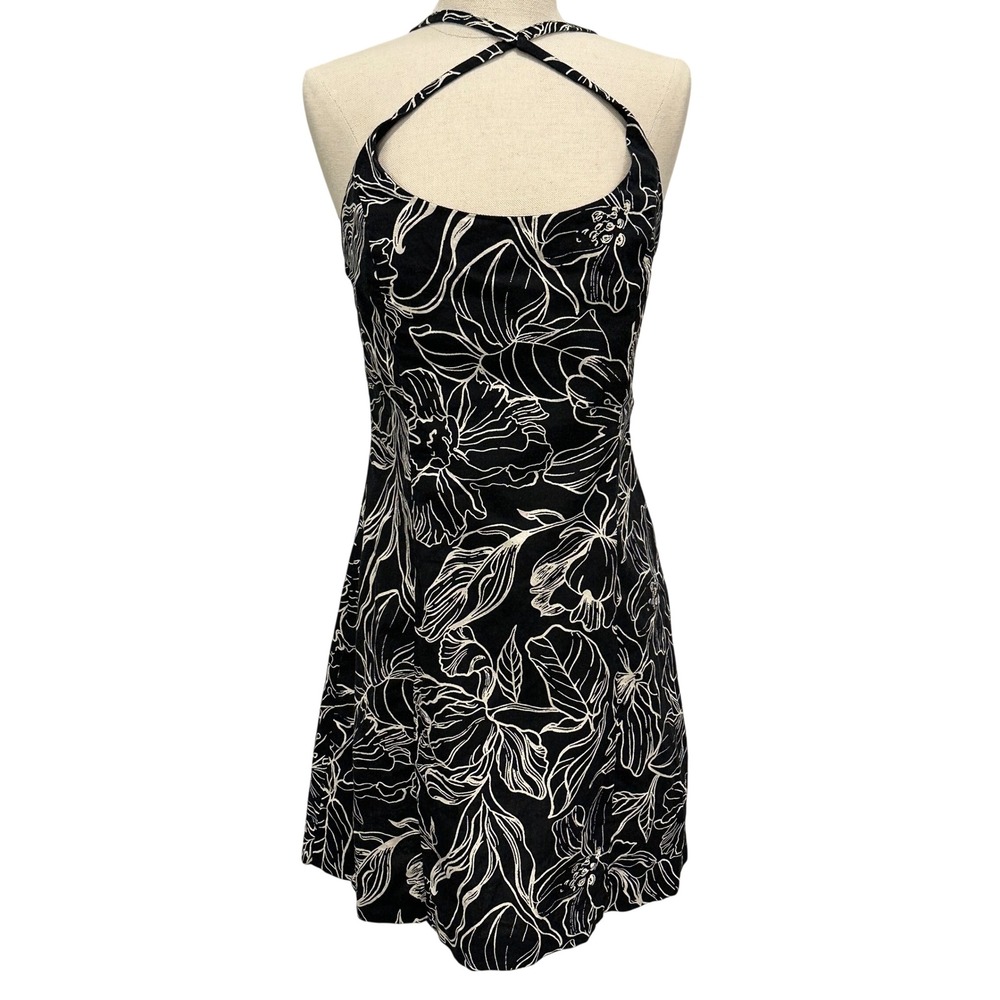 HM Womens XS Black White Floral Linen Cotton Blend‎ Halter Mini Dress Summer